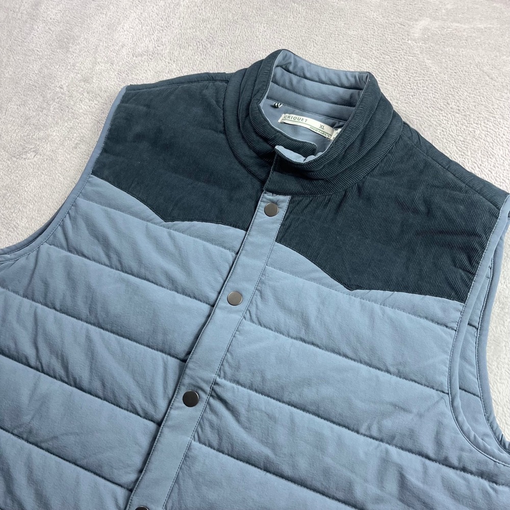 Criquet XL Jackson Snap Vest Blue Quilted Corduroy Yoke Puffer Mock Neck Mens